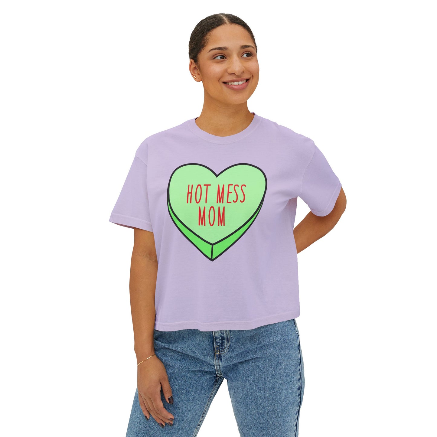 Hot Mess Mom Boxy Tee — Funny Mom T‑Shirt, Retro Candy Heart Design