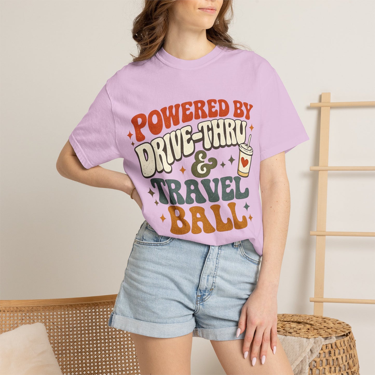Travel & Snack Lover T‑Shirt — "Powered by Drive‑Thru & Travel Ball" Retro Tee