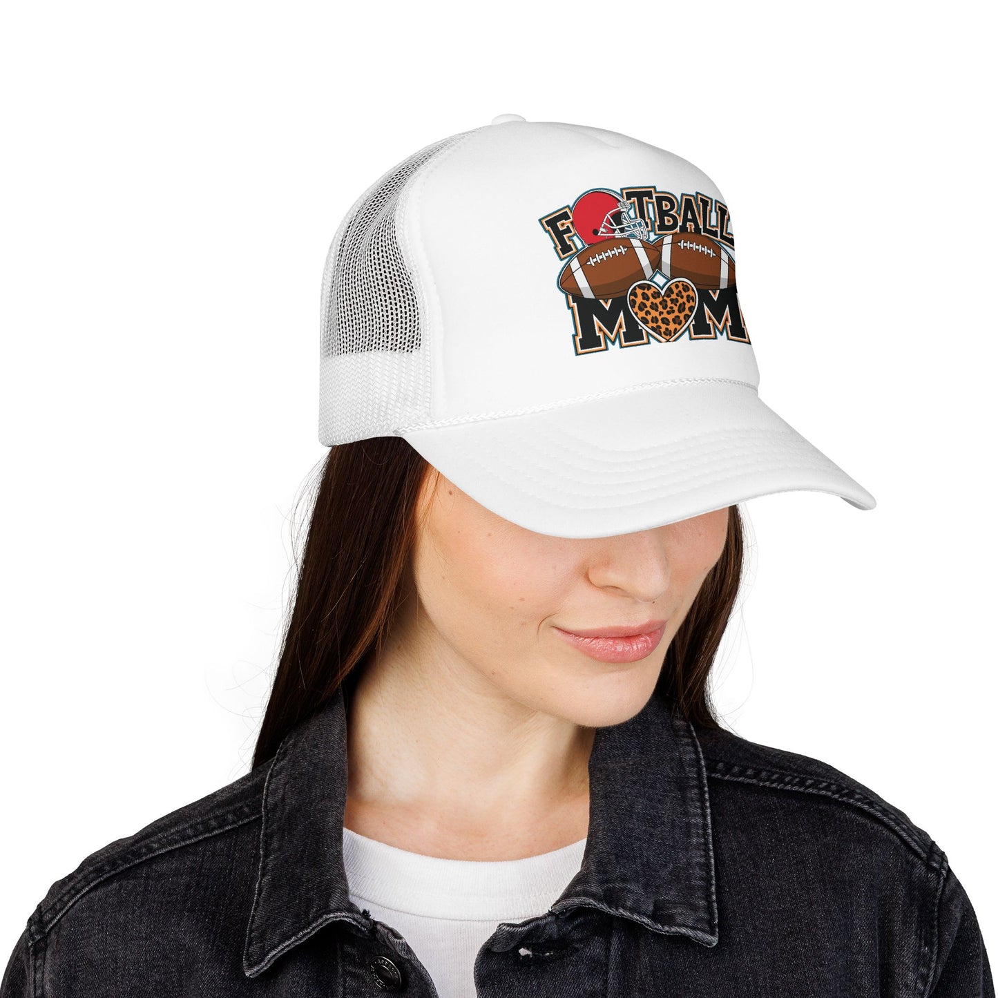 Football Mom Trucker Hat – Leopard Heart Game Day Foam Cap