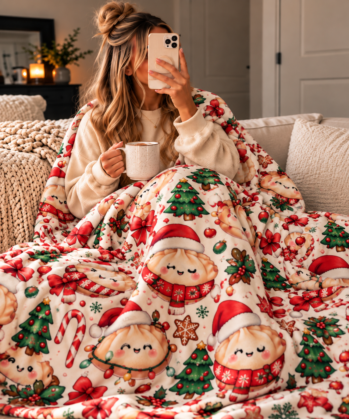Cute Christmas Dumpling Sherpa Fleece Blanket — Holiday Dim Sum Pattern