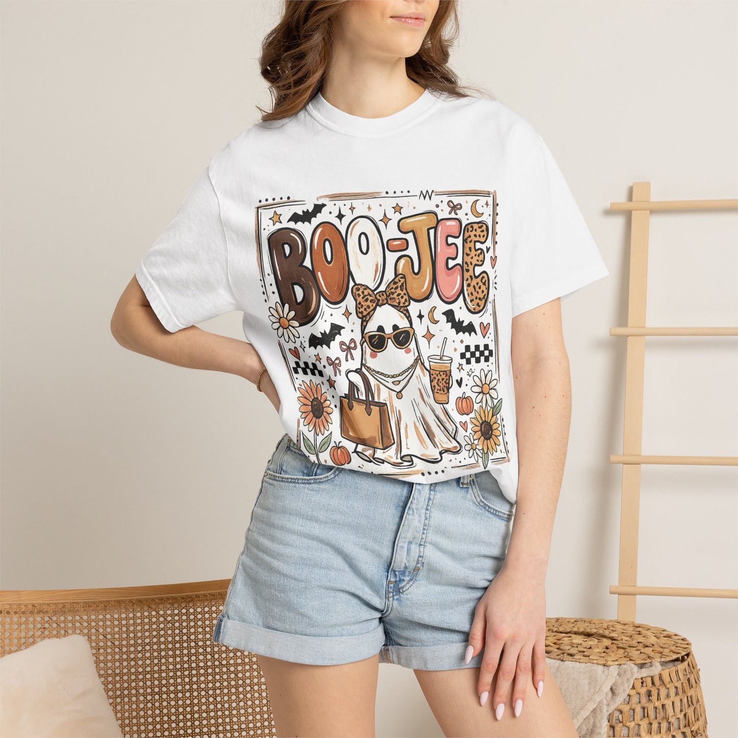 Halloween Boo-je T-Shirt — Cute Ghost with Pumpkin, Sunflower & Candy Trick-or-Treat Tee