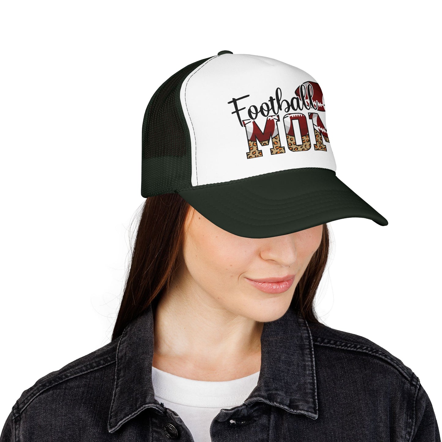 Football Mom Trucker Hat — Leopard Print Graphic Foam Cap for Game Day