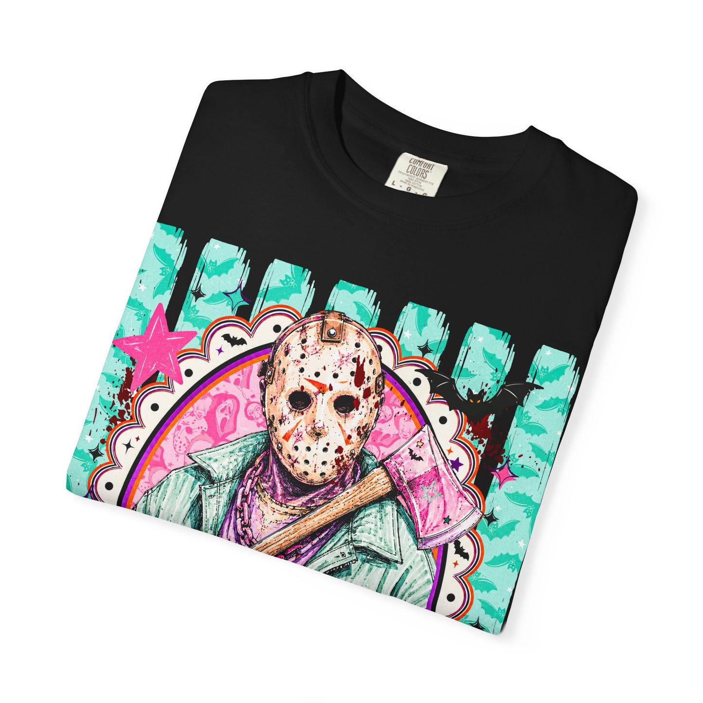 Hockey Mask Horror Graphic T-Shirt — Retro Pastel Jason Design