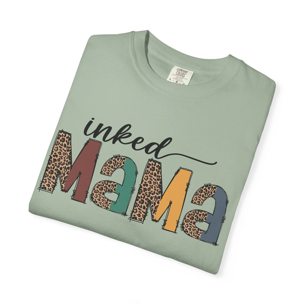 Inked Mama Graphic T-Shirt — Leopard & Patchwork Letters, Tattoo Mom Gift