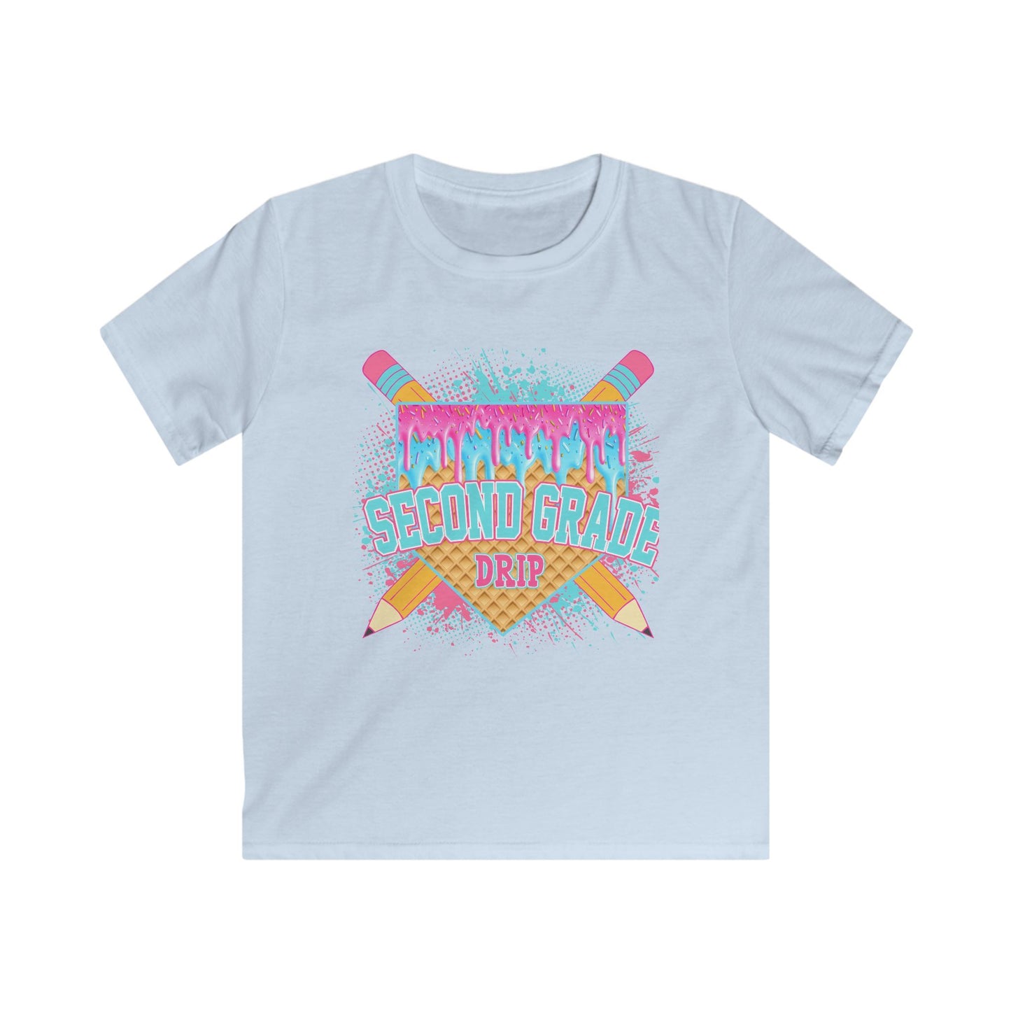 Second Grade Drip Kids T‑Shirt — Colorful Pencil Back‑to‑School Tee