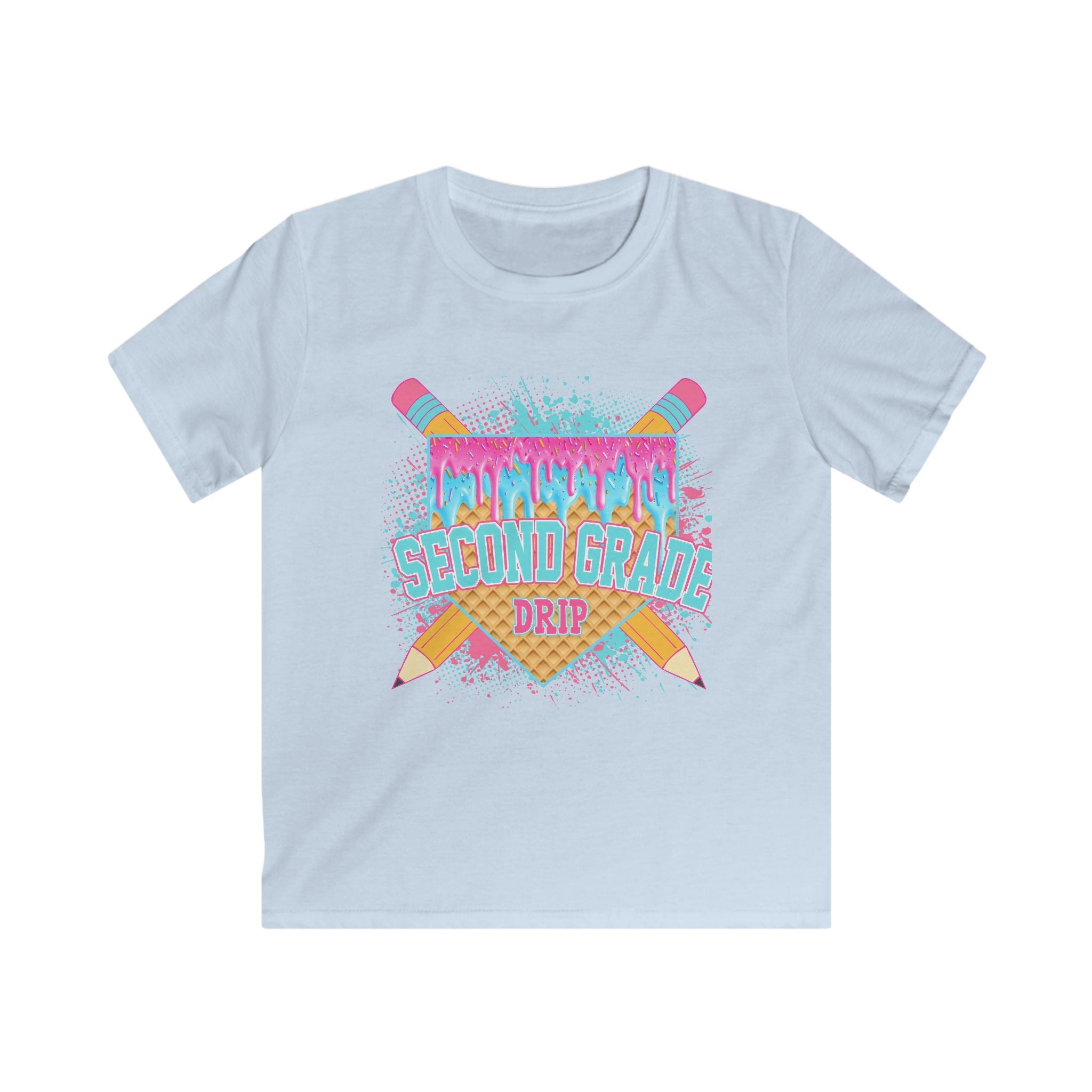 Second Grade Drip Kids T‑Shirt — Colorful Pencil Back‑to‑School Tee