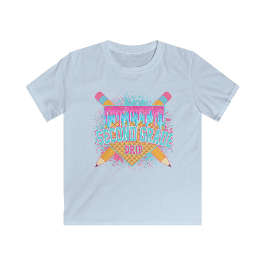 Second Grade Drip Kids T‑Shirt — Colorful Pencil Back‑to‑School Tee