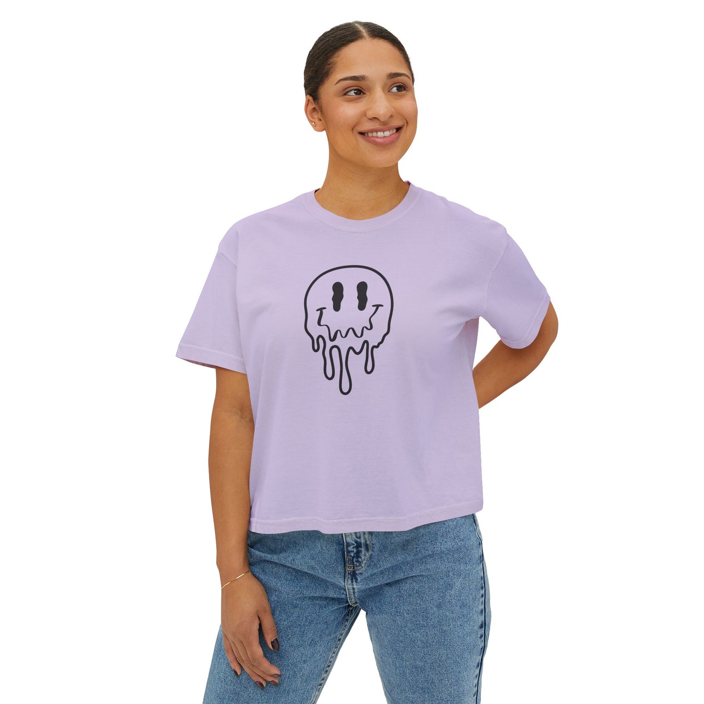 Drippy Smiley Boxy Tee — Women's Graphic Crop T‑Shirt