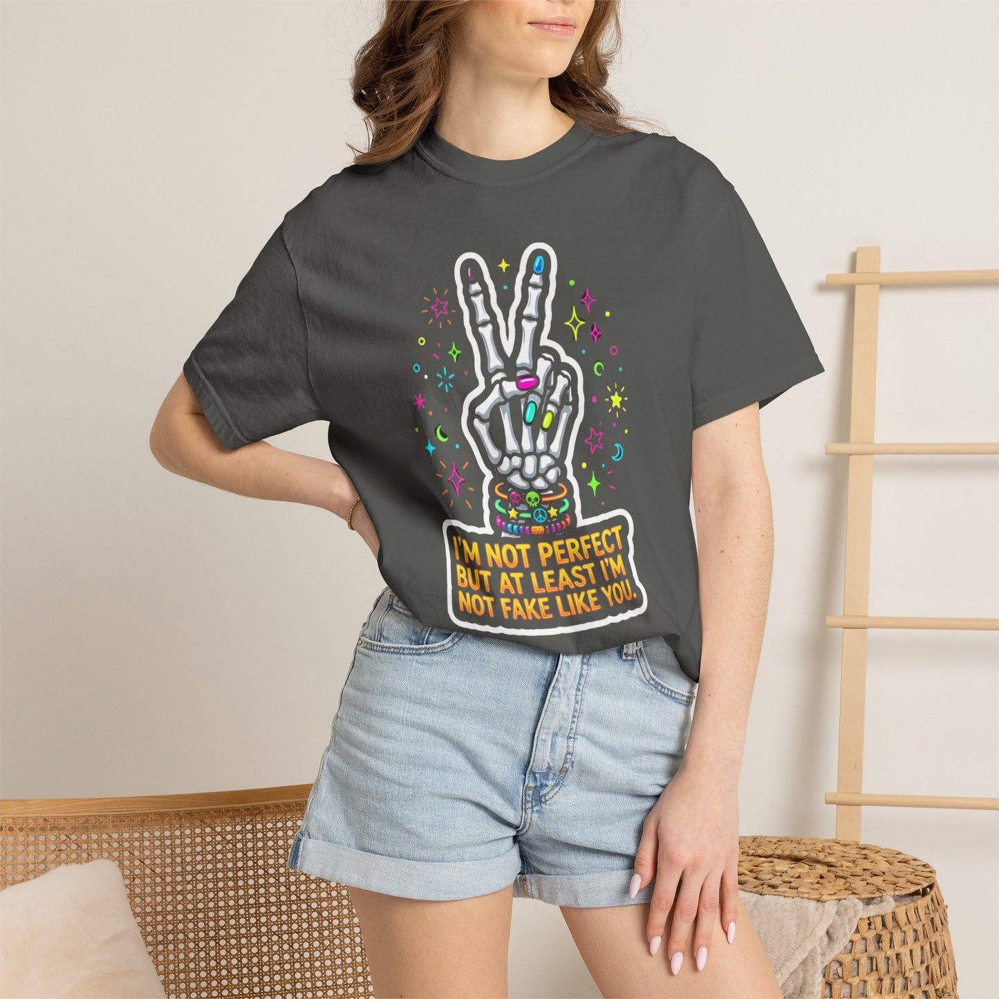 Skeleton Peace Sign T-Shirt — "I’m Not Perfect But At Least I’m Not Fake Like You" Graphic Tee