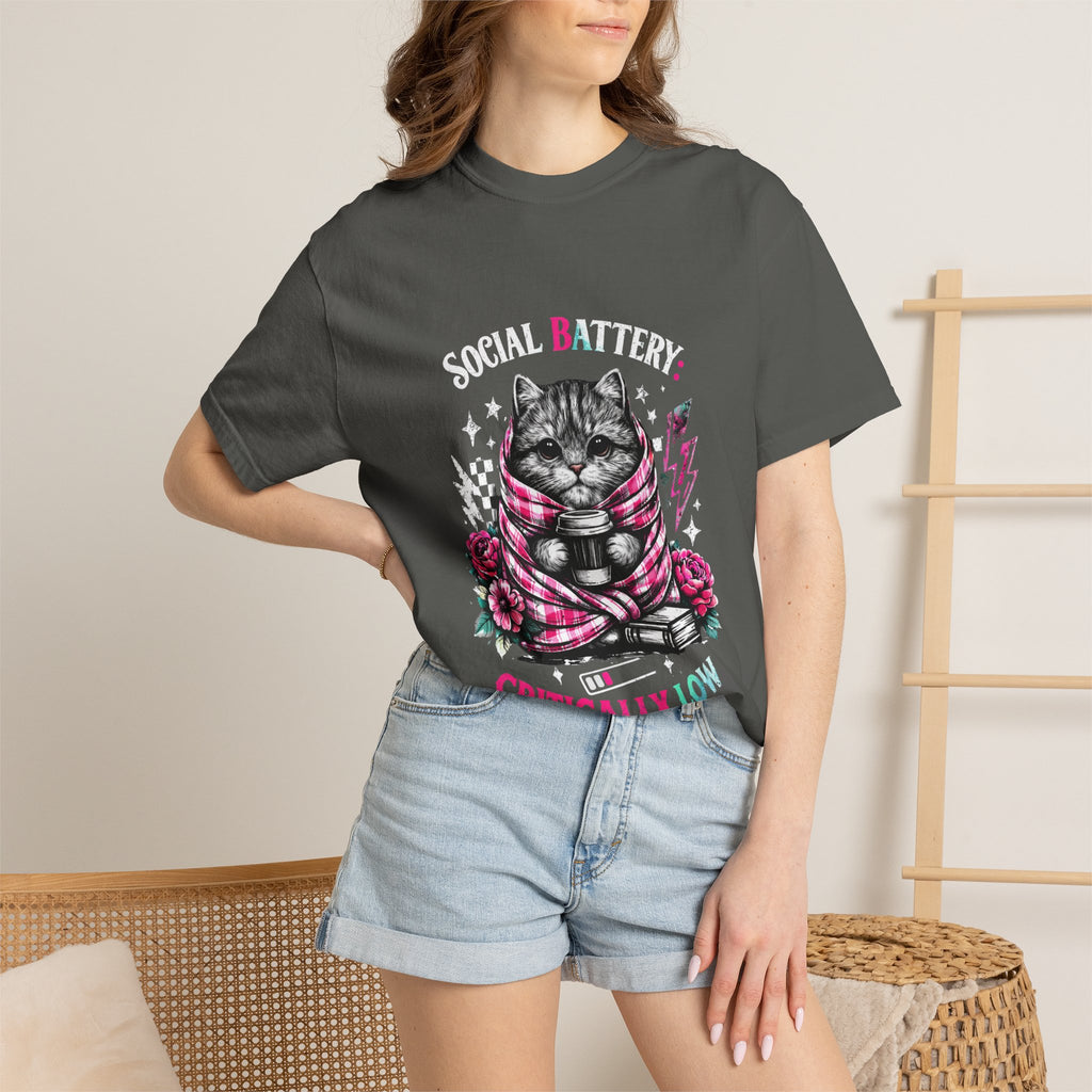 Social Battery Critically Low T-Shirt — Introvert Cat Graphic Tee