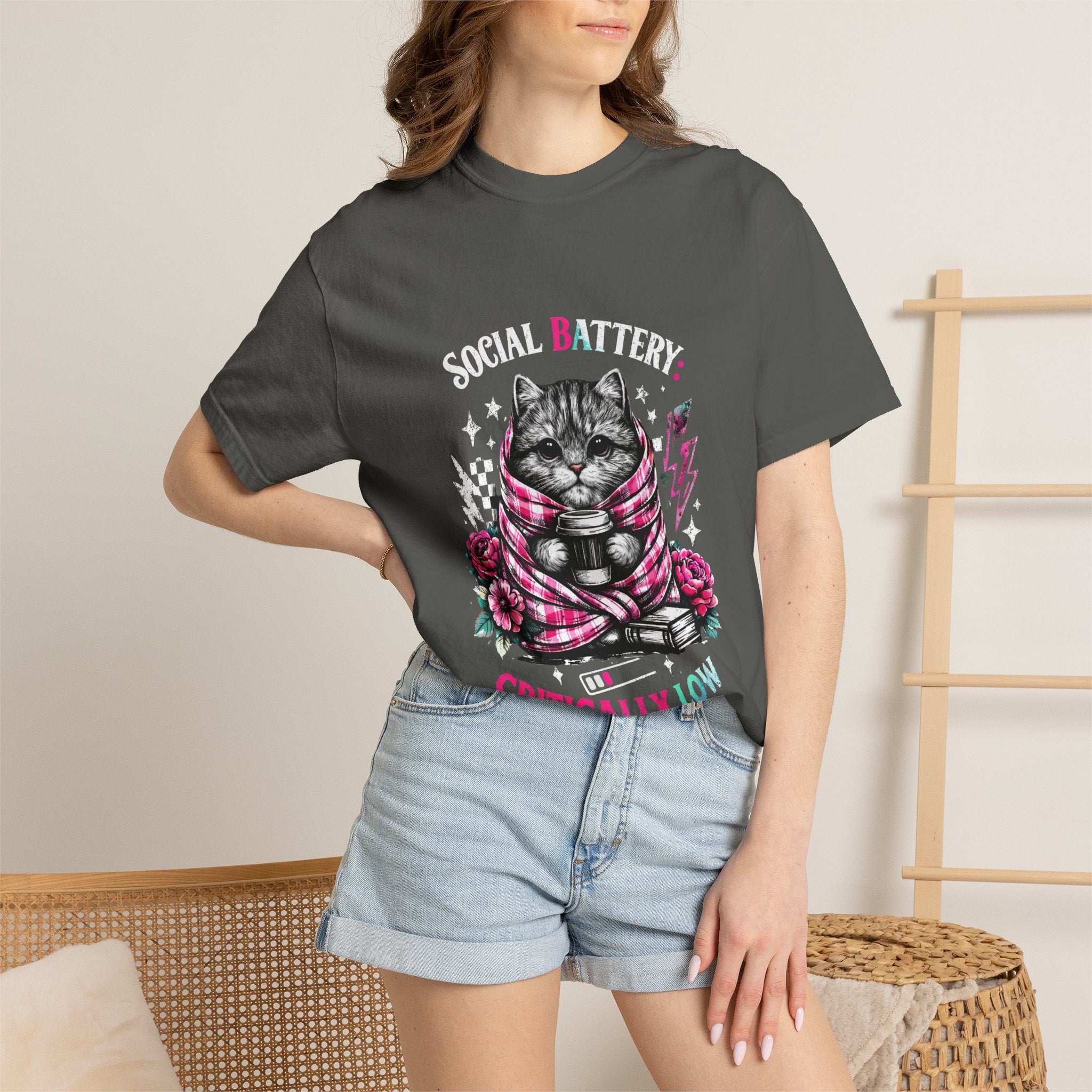 Social Battery Critically Low T-Shirt — Introvert Cat Graphic Tee