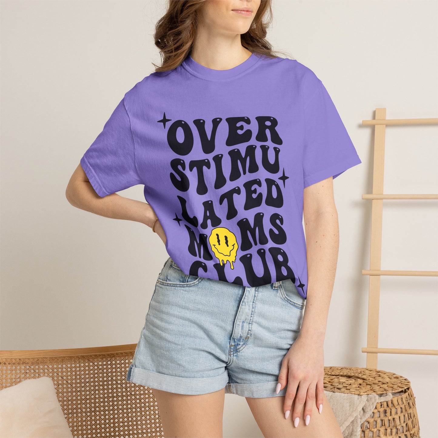 Overstimulated Moms Club T-Shirt — Retro Smile Graphic Tee for Busy Moms