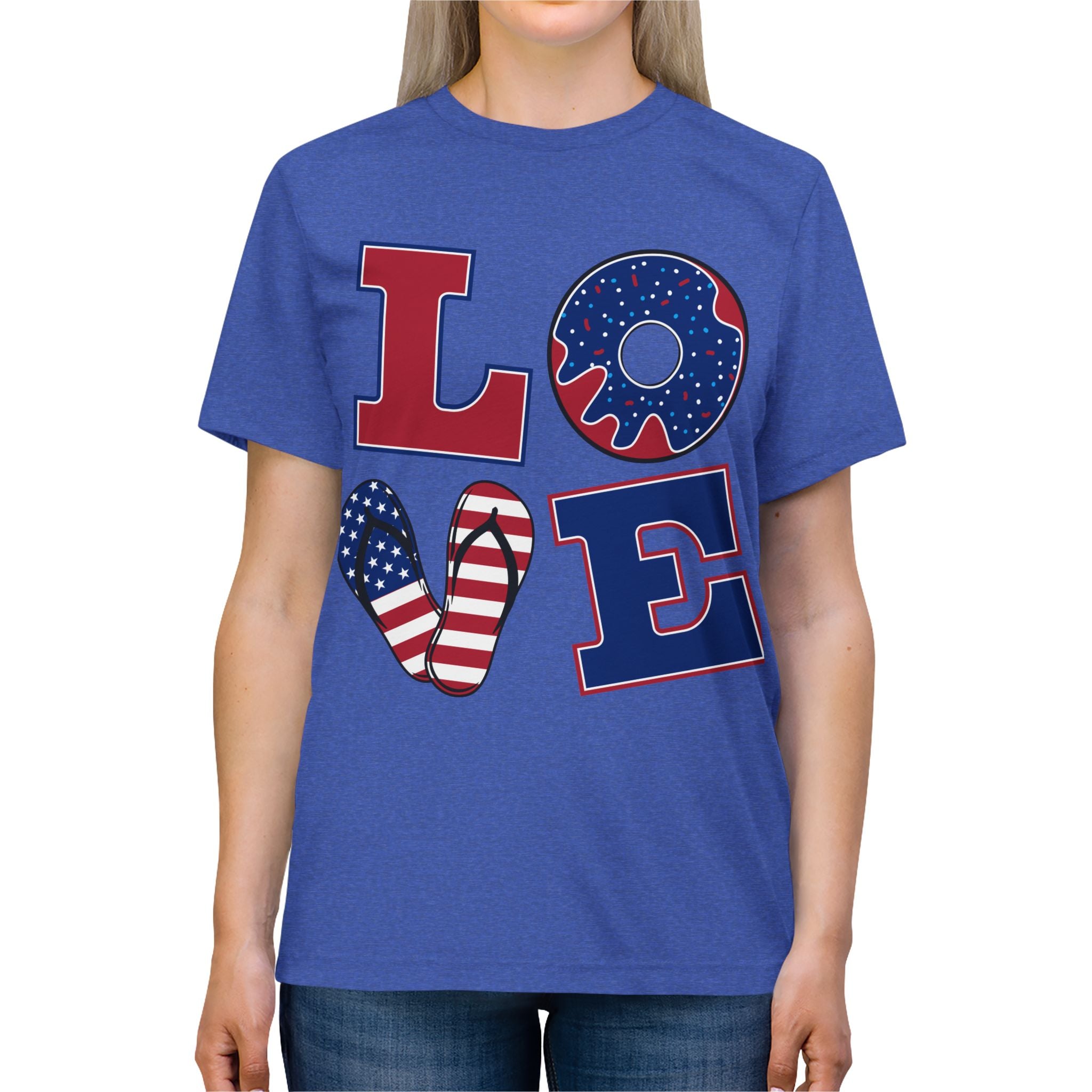 Patriotic LOVE T-Shirt — American Flag Donut & Flip-Flop Graphic Tee