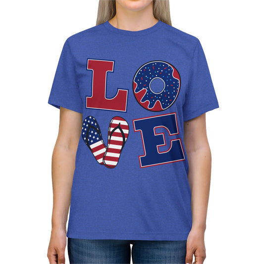 Patriotic LOVE Tee — American Flag Donut & Flip-Flop Design
