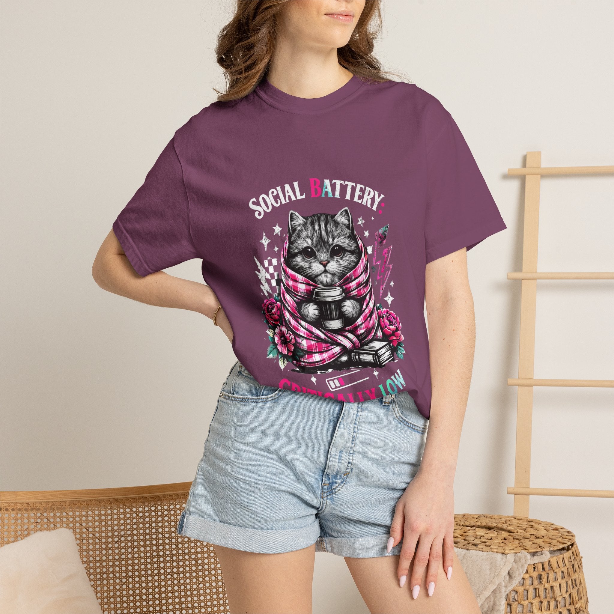 Social Battery Critically Low T-Shirt — Introvert Cat Graphic Tee
