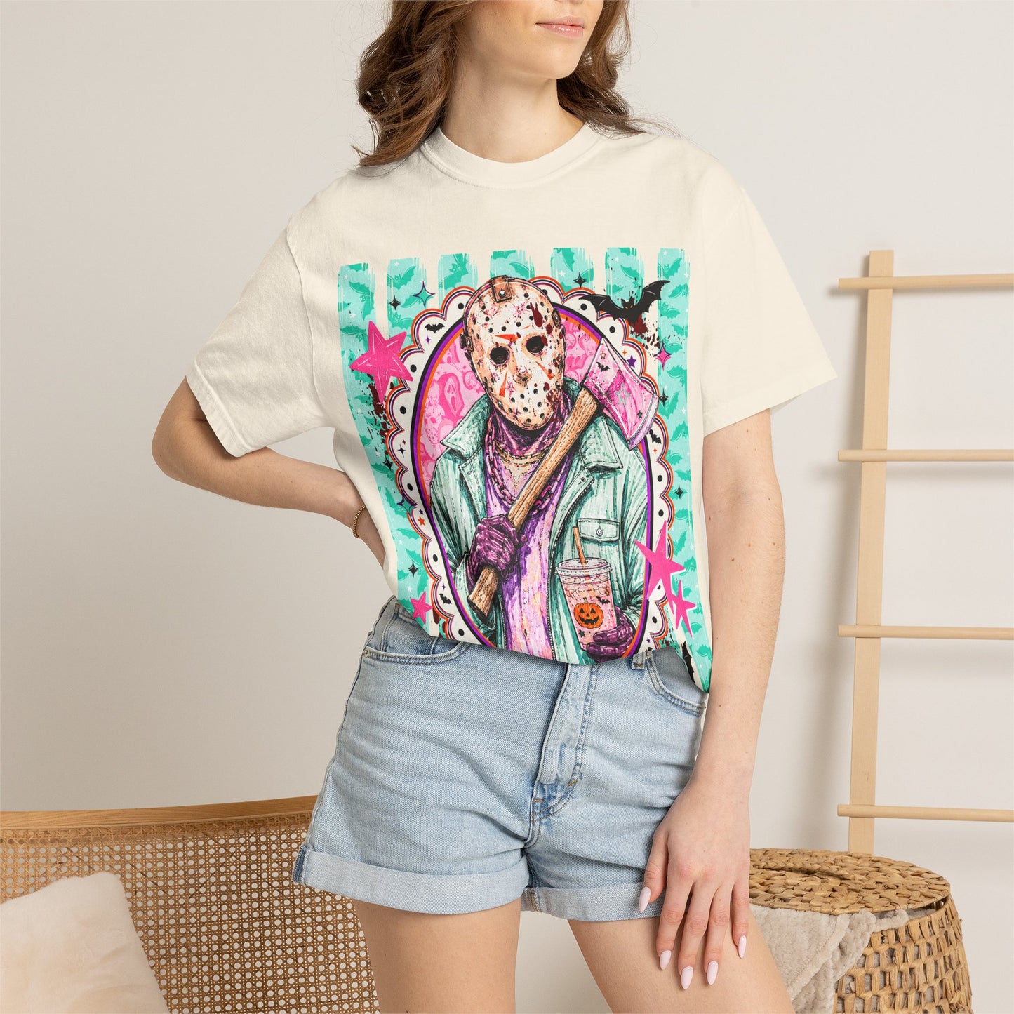 Hockey Mask Horror Graphic T-Shirt — Retro Pastel Jason Design