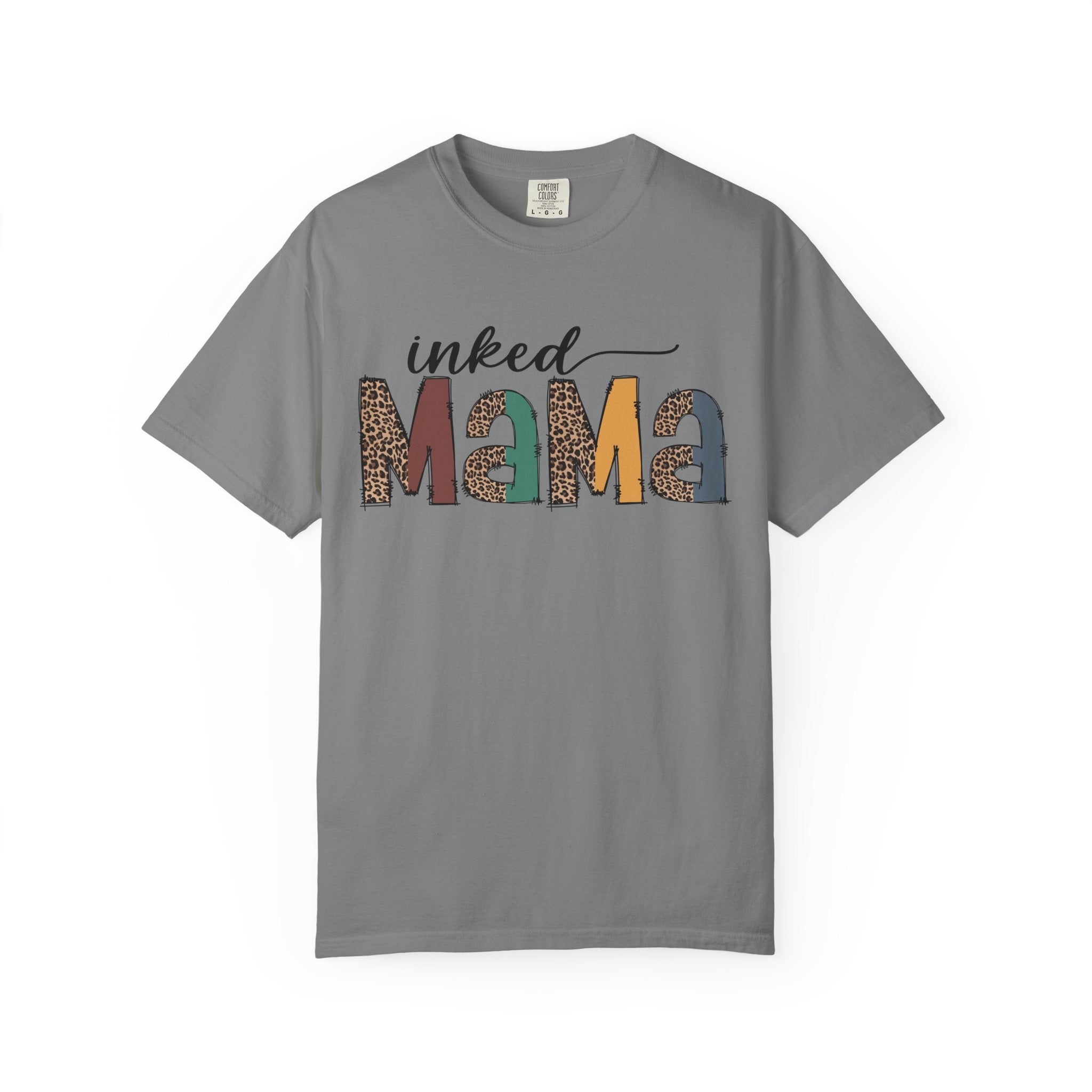 Inked Mama Graphic T-Shirt — Leopard & Patchwork Letters, Tattoo Mom Gift