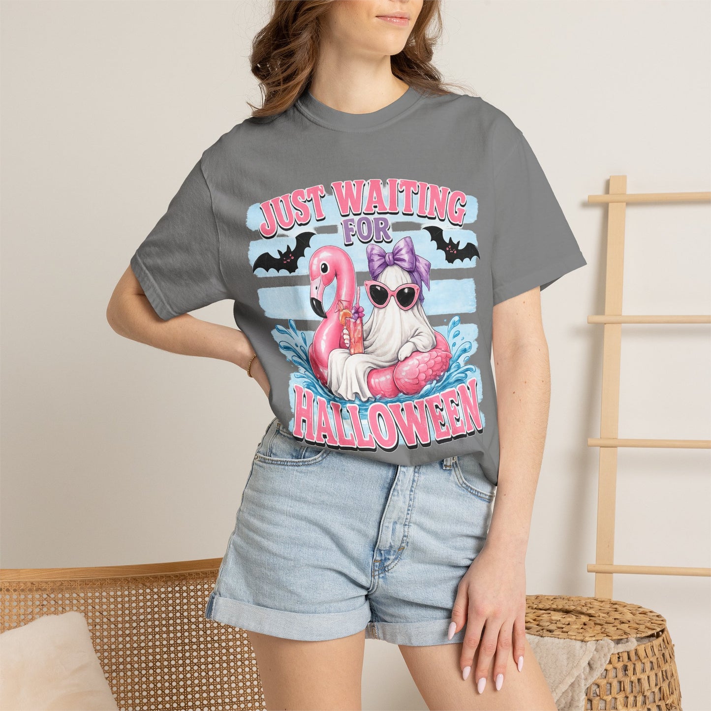 Halloween Flamingo T-Shirt — "Just Waiting for Halloween" Cute Spooky Summer Vibe