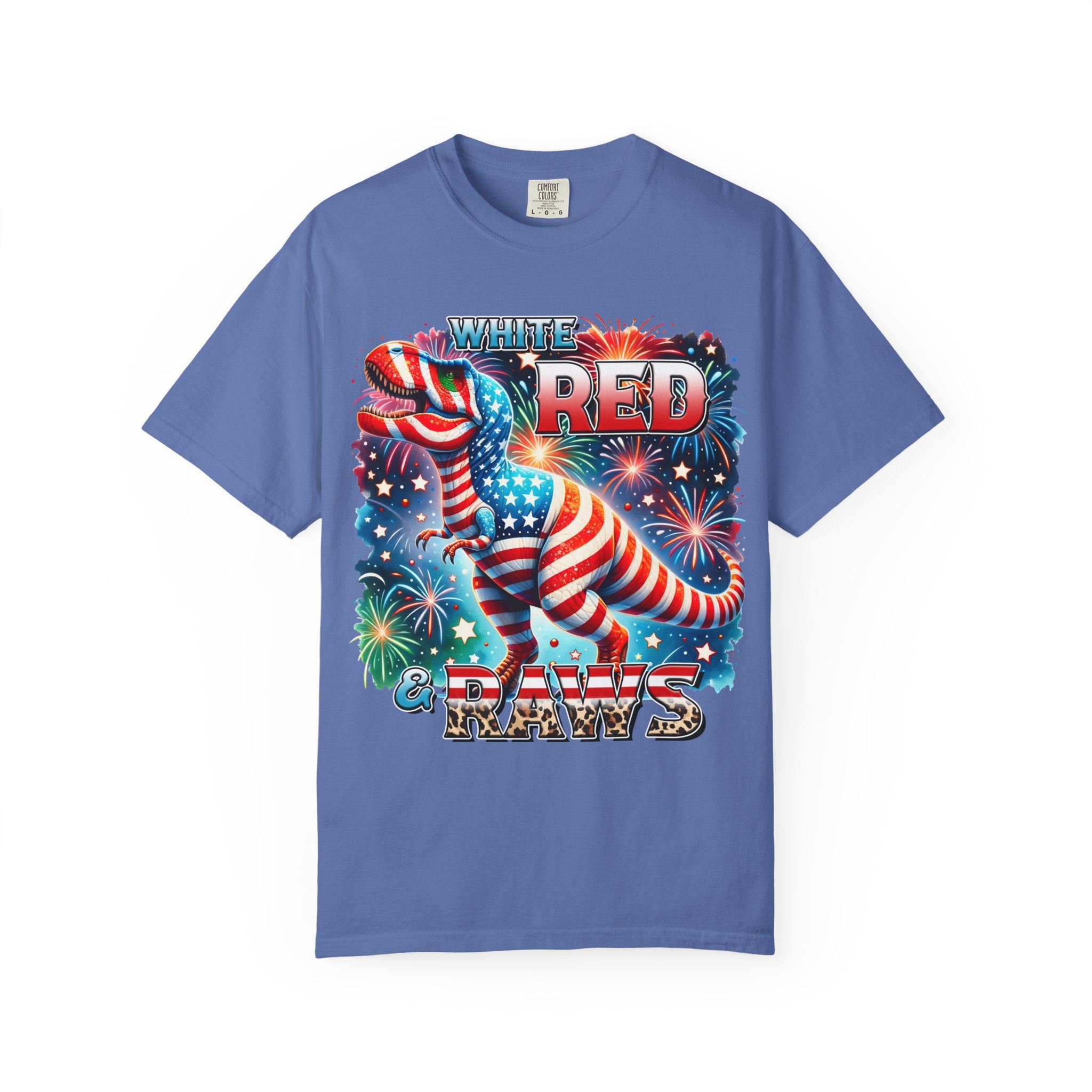 T-Shirt — "White, Red & Raws" Patriotic USA Dinosaur Fireworks Tee