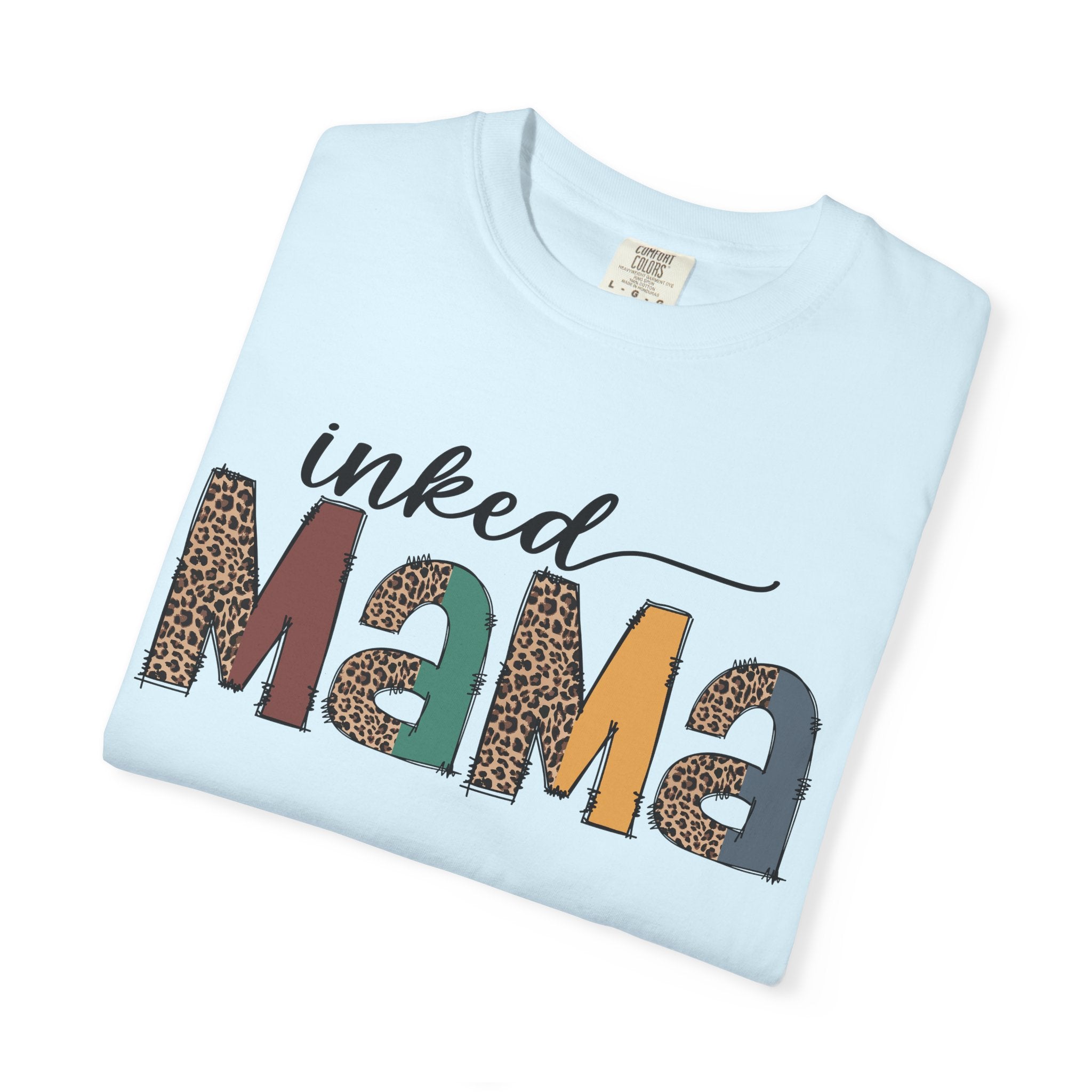 Inked Mama Graphic T-Shirt — Leopard & Patchwork Letters, Tattoo Mom Gift
