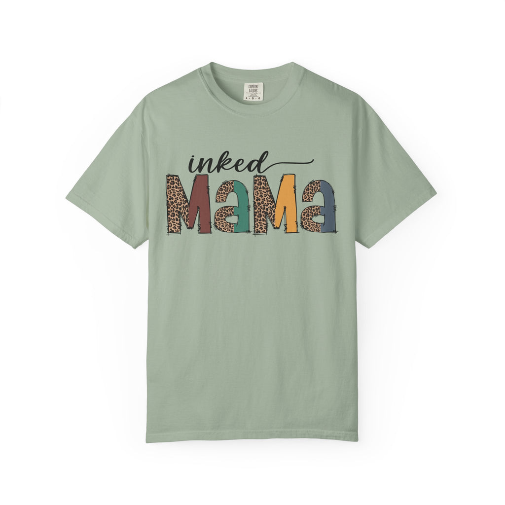 Inked Mama Graphic T-Shirt — Leopard & Patchwork Letters, Tattoo Mom Gift