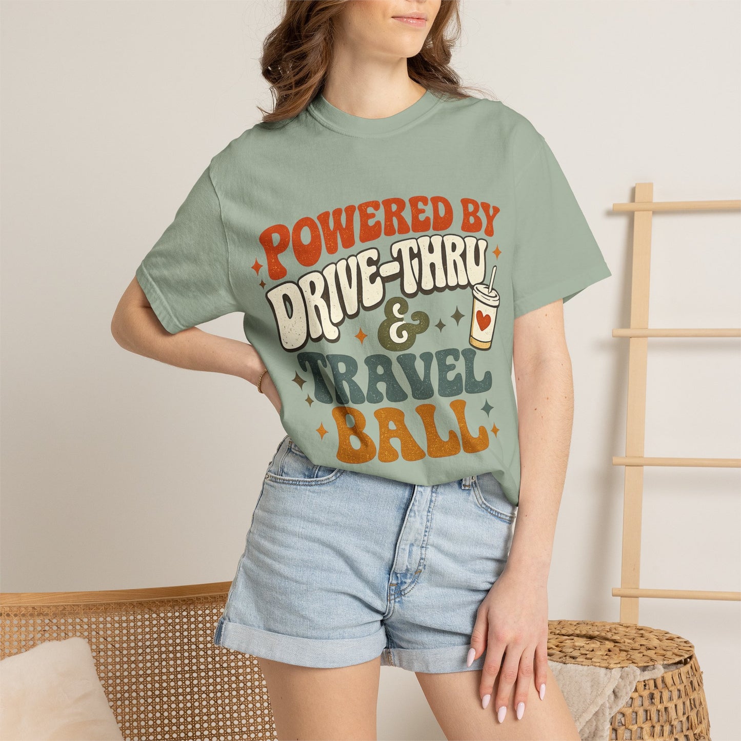 Travel & Snack Lover T‑Shirt — "Powered by Drive‑Thru & Travel Ball" Retro Tee
