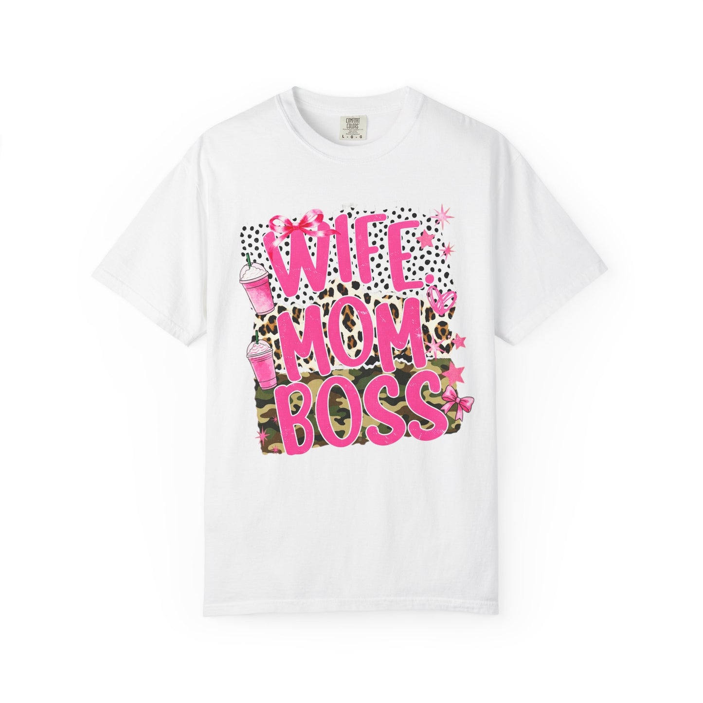 Wife Mom Boss Graphic T‑Shirt — Pink Leopard Stars Design
