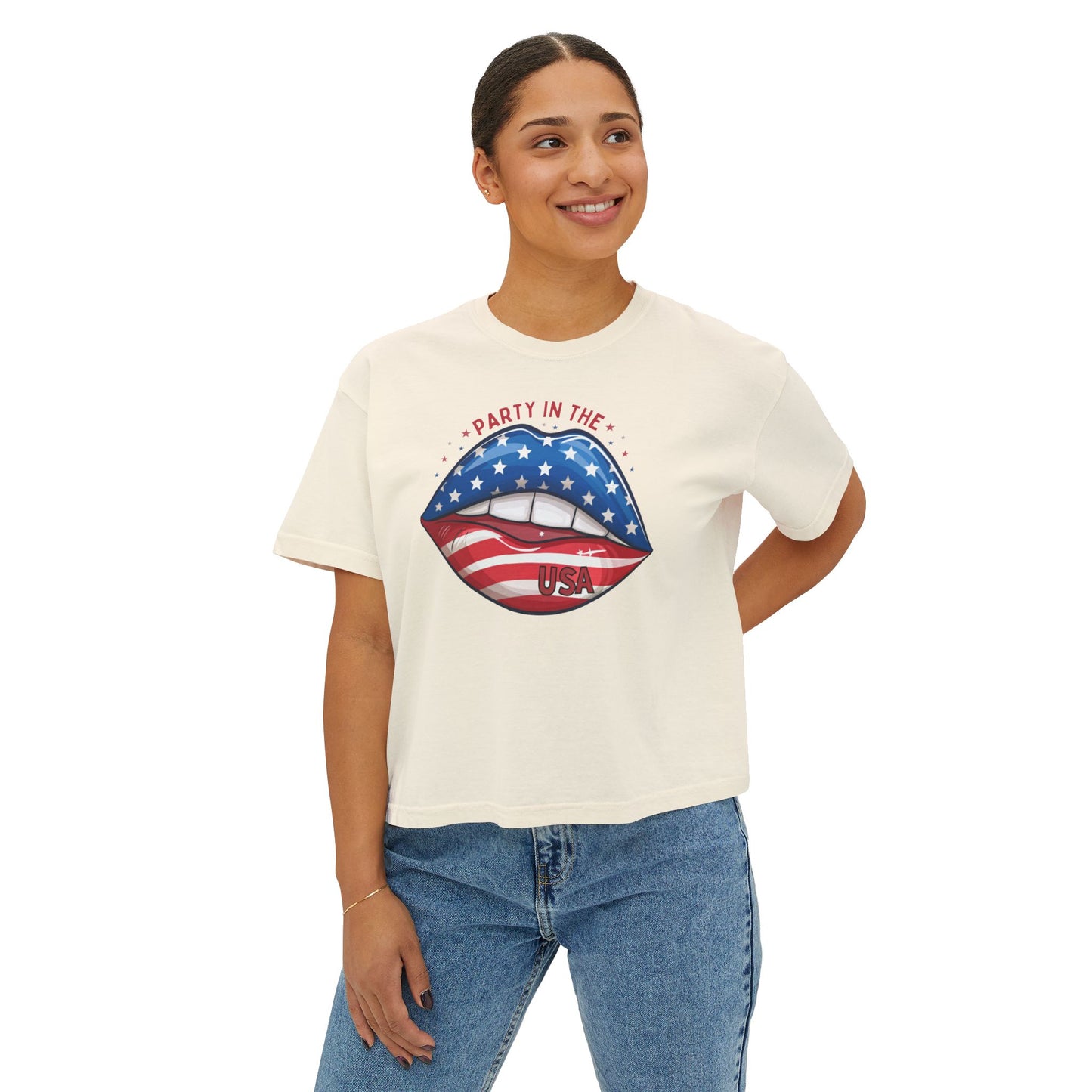 Patriotic Flag Lips Boxy Tee — "Party in the USA" 4th of July Shirt