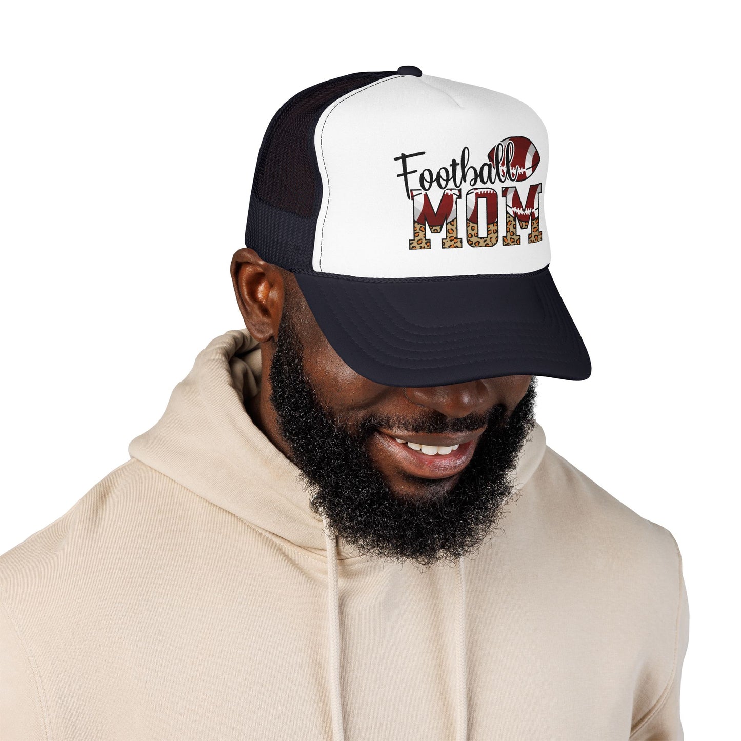 Football Mom Trucker Hat — Leopard Print Graphic Foam Cap for Game Day