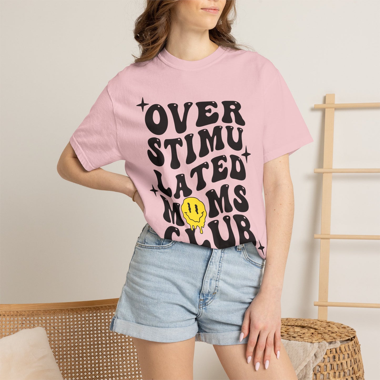 Overstimulated Moms Club T-Shirt — Retro Smile Graphic Tee for Busy Moms