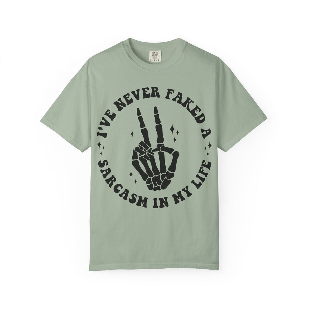 Sarcastic Skeleton Peace Sign T-Shirt — "I've Never Faked A Sarcasm In My Life" Graphic Tee