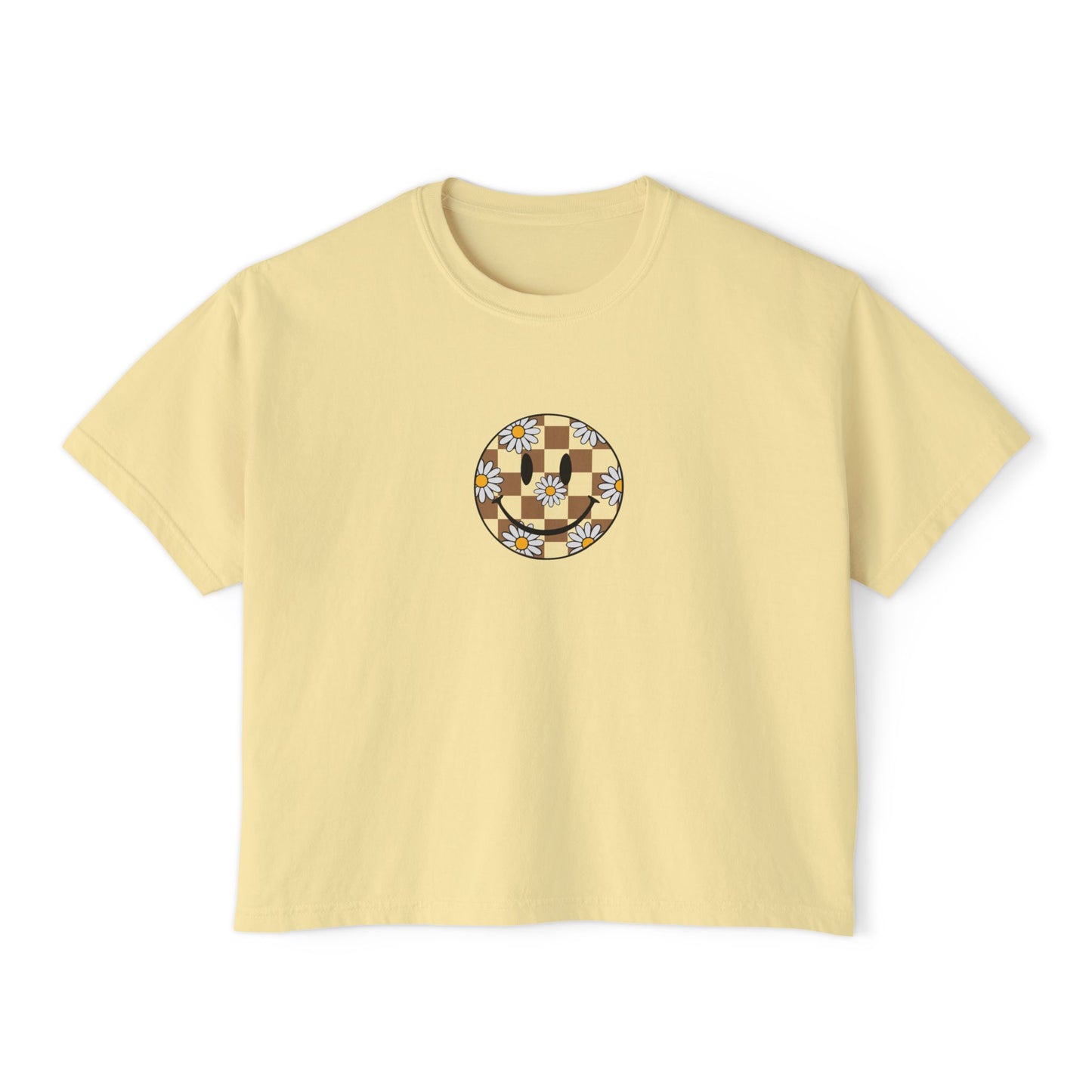 Floral Checkerboard Crop Tee — Women's Boxy Graphic Shirt