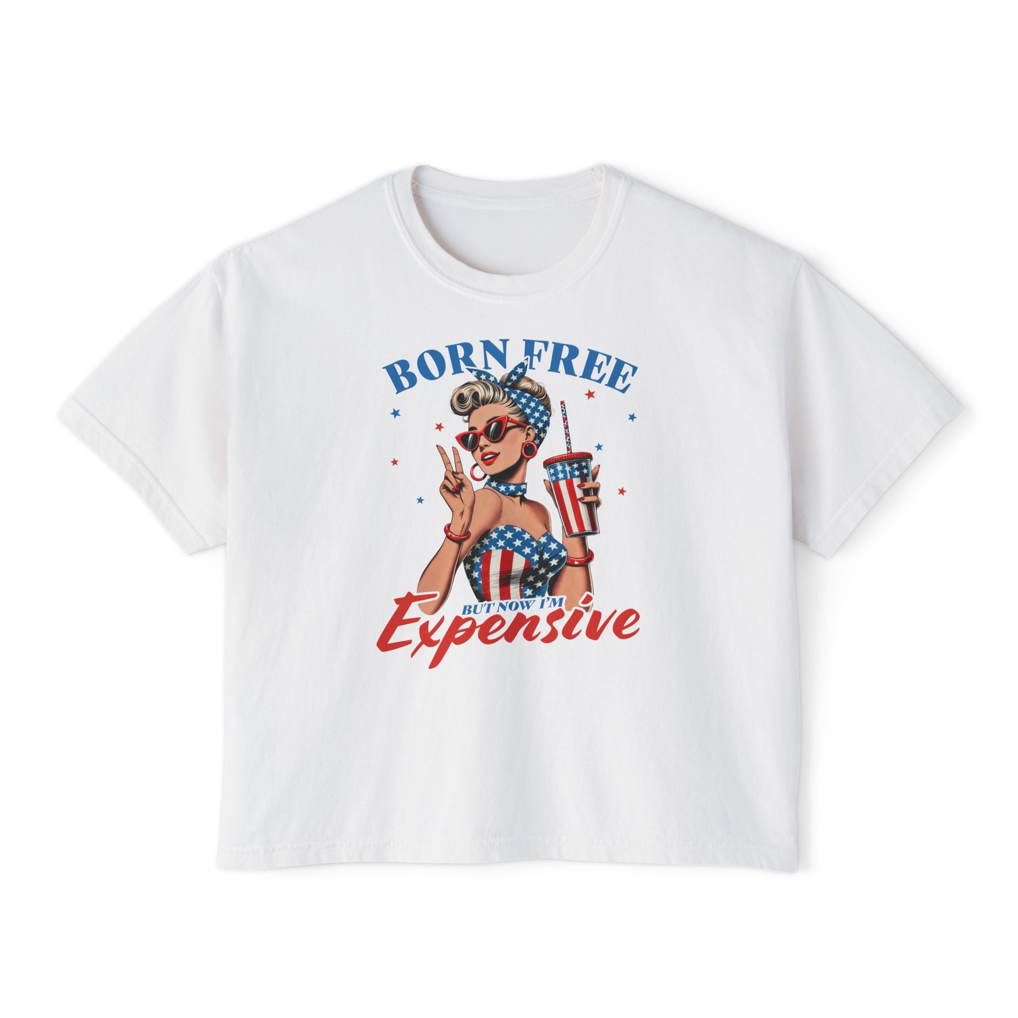 Born Free but Expensive Boxy Tee — Patriotic Vintage Pinup Women's T‑Shirt