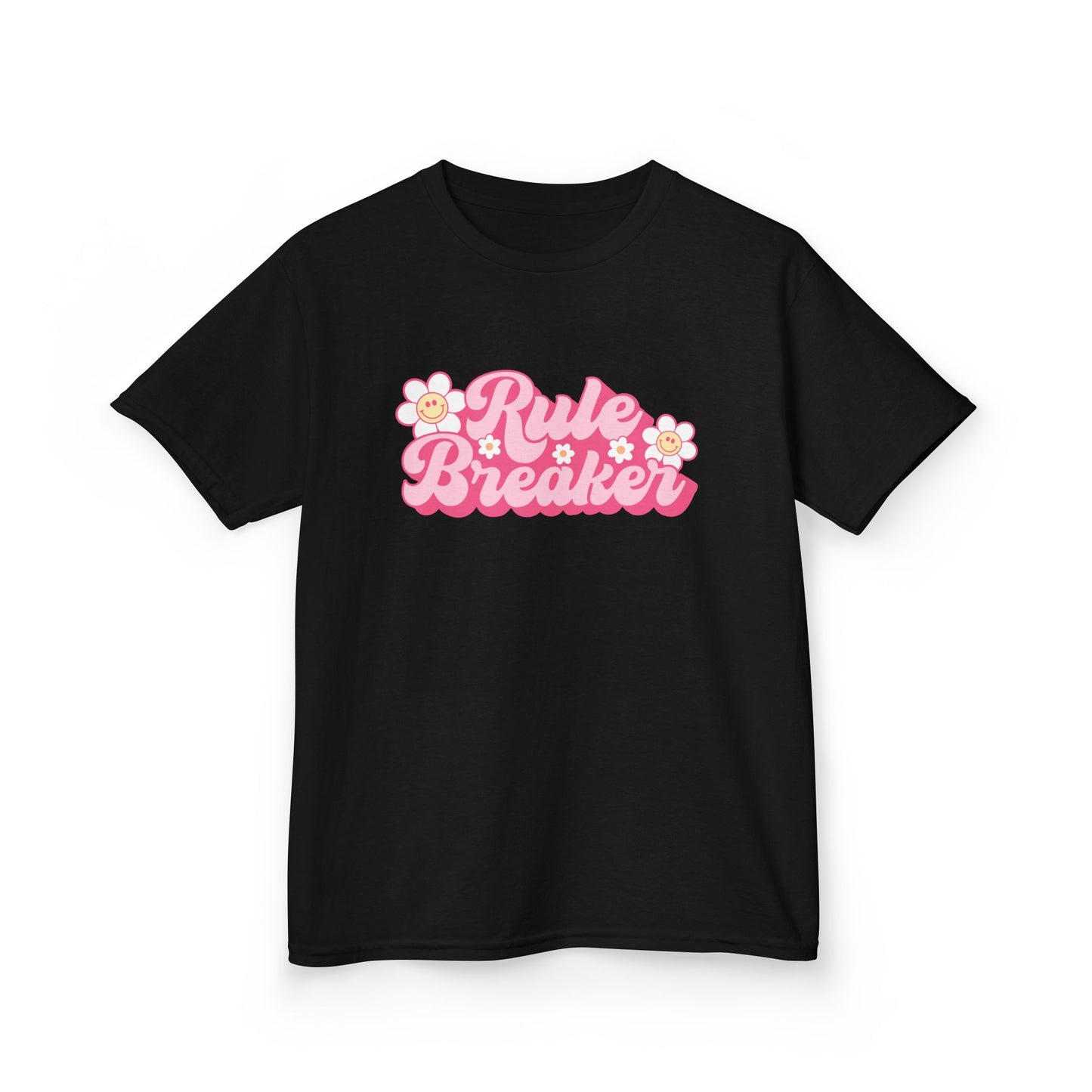 Kids Tee — "Rule Breaker" Pink Retro Flower Graphic
