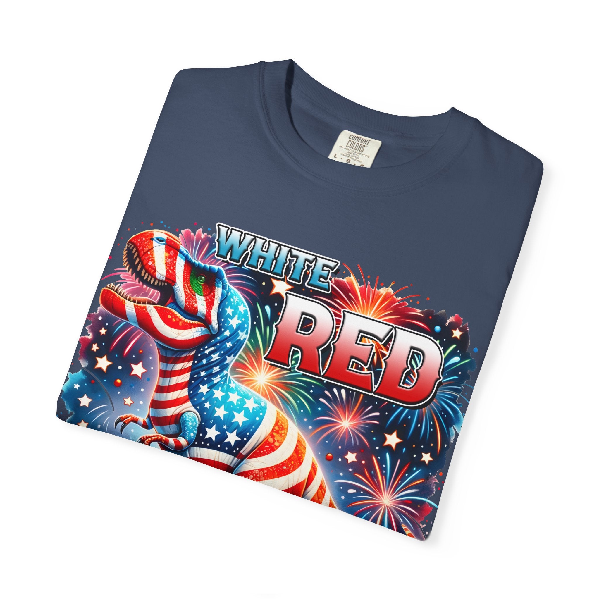 T-Shirt — "White, Red & Raws" Patriotic USA Dinosaur Fireworks Tee