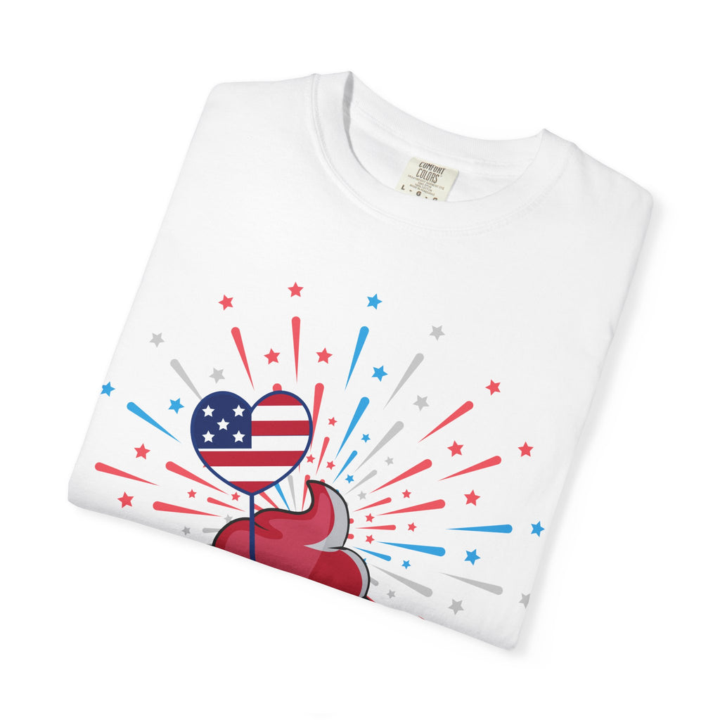4th of July Patriotic Cupcake T-Shirt — USA Flag Firework Bakery Graphic Tee