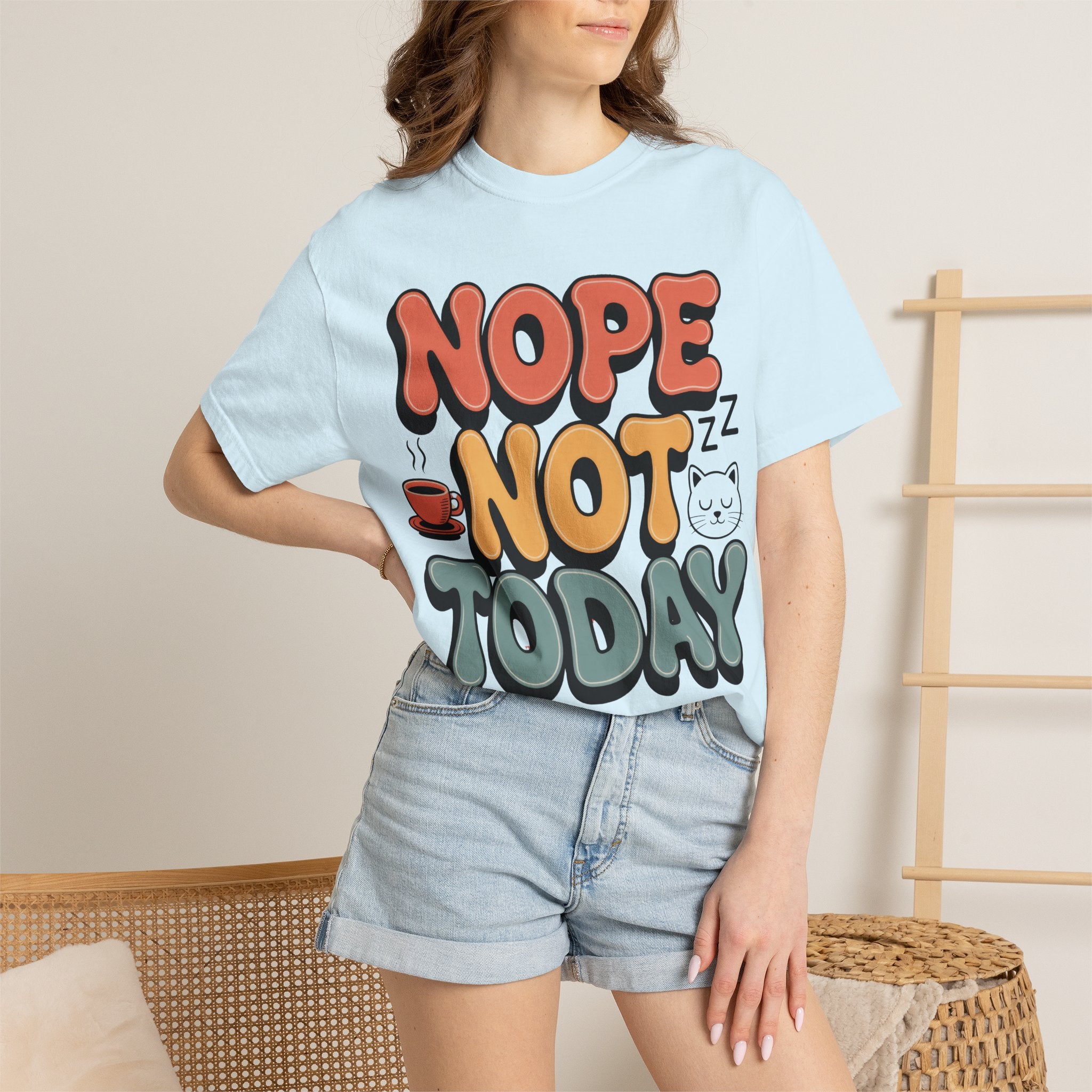 Nope Not Today T‑Shirt — Retro Cozy Graphic Tee with Cat & Coffee