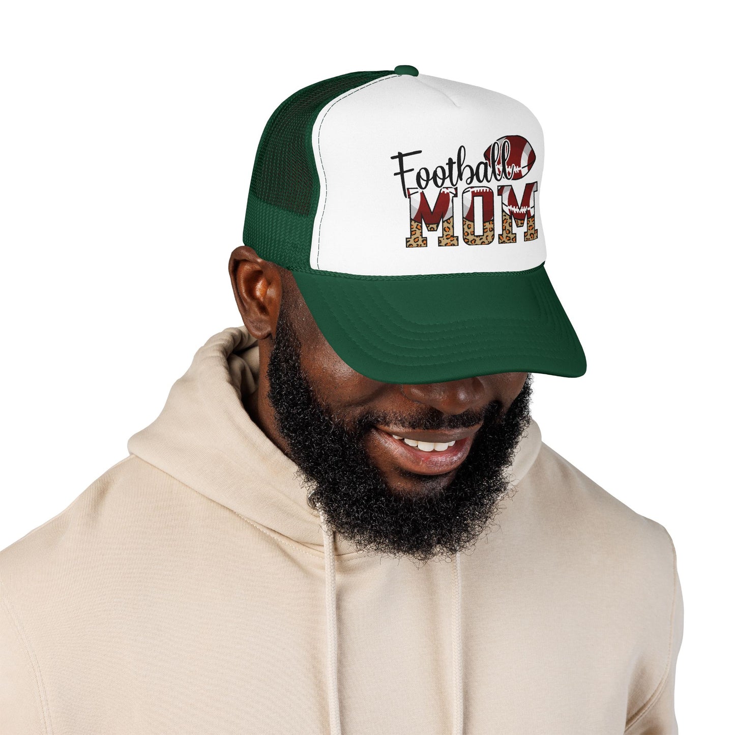 Football Mom Trucker Hat — Leopard Print Graphic Foam Cap for Game Day