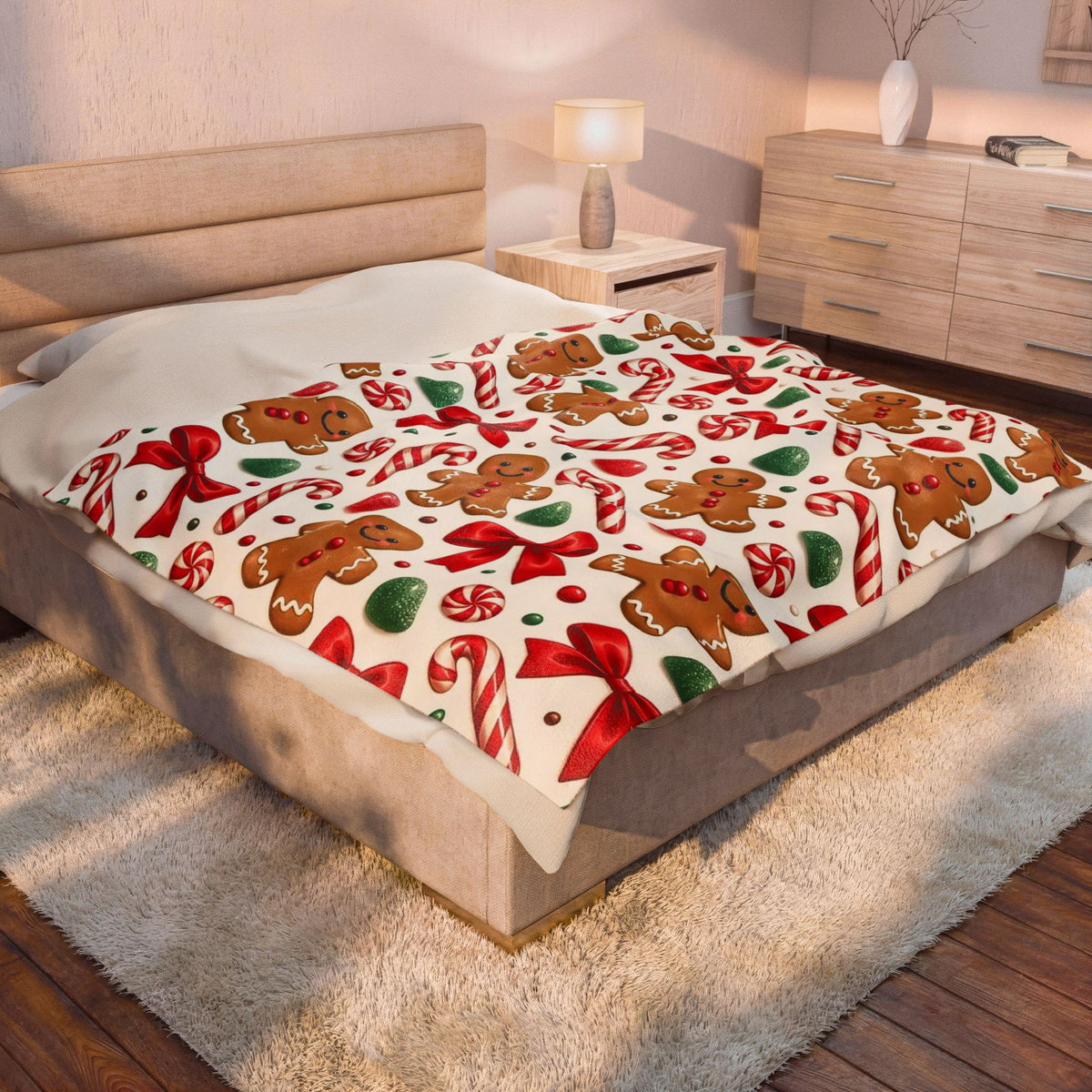 Christmas Gingerbread Candy Cane Velveteen Plush Blanket