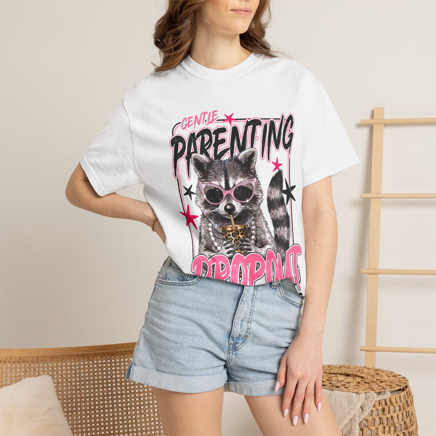 Parenting Dropout Cat T-Shirt — Funny Raccoon Graphic Tee with 'Gentle Parenting Dropout' Text