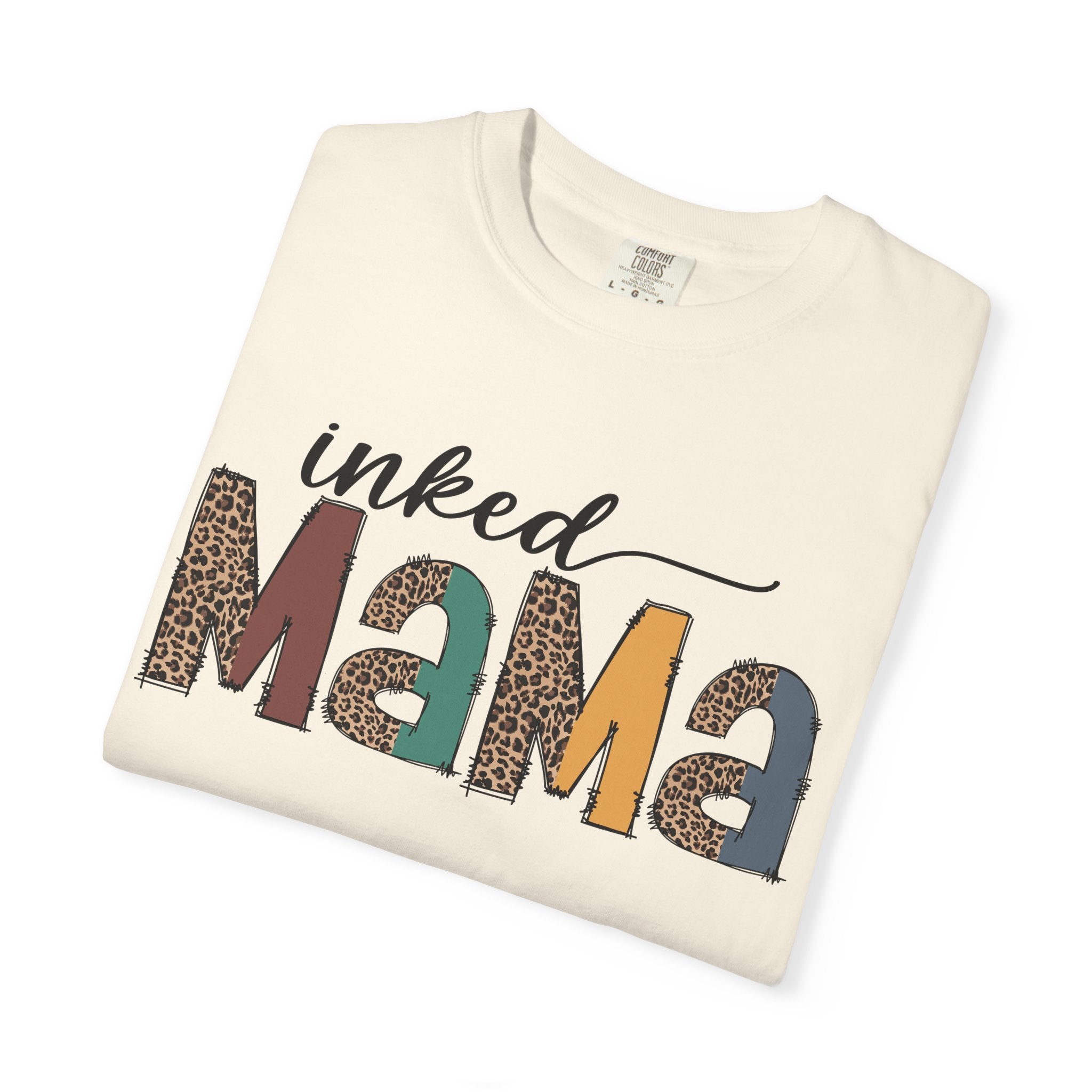 Inked Mama Graphic T-Shirt — Leopard & Patchwork Letters, Tattoo Mom Gift