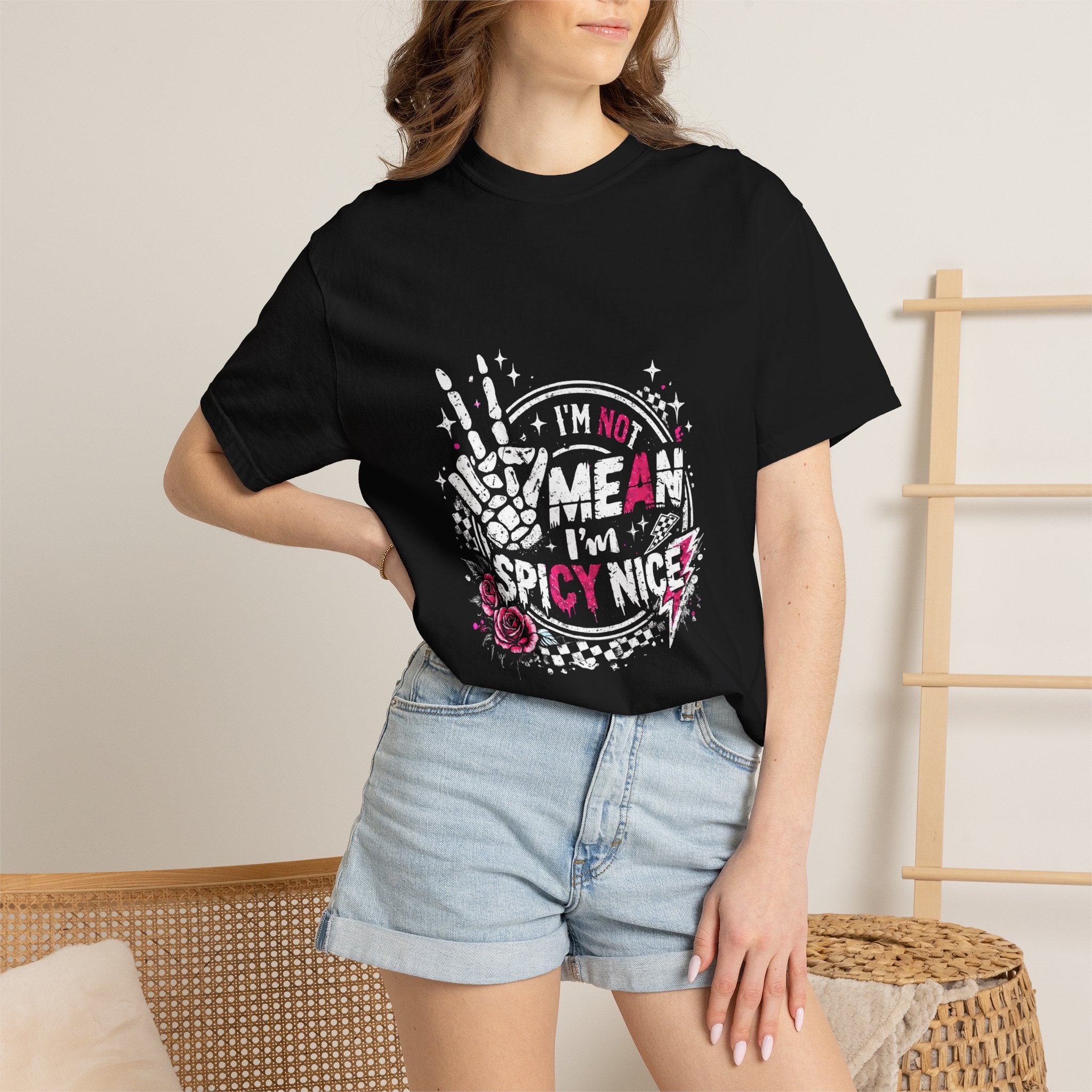 I'm Not Mean I'm Spicy Nice T-Shirt — Edgy Gothic Floral Skeleton Peace Tee