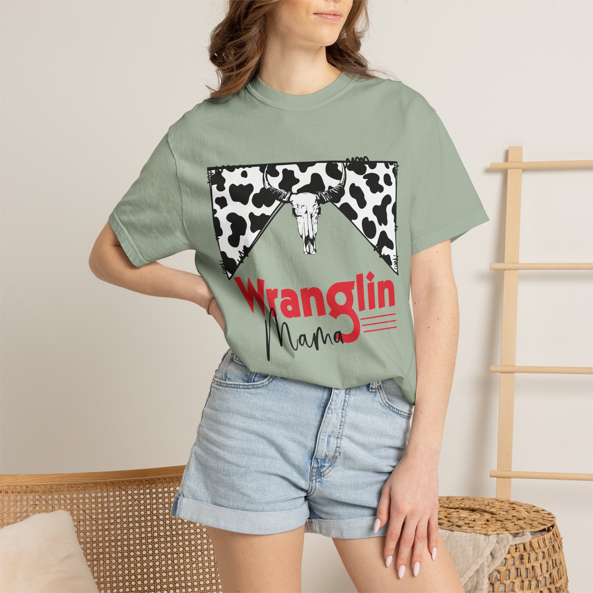 Wranglin Mama T‑Shirt — Cowprint Western Graphic Tee