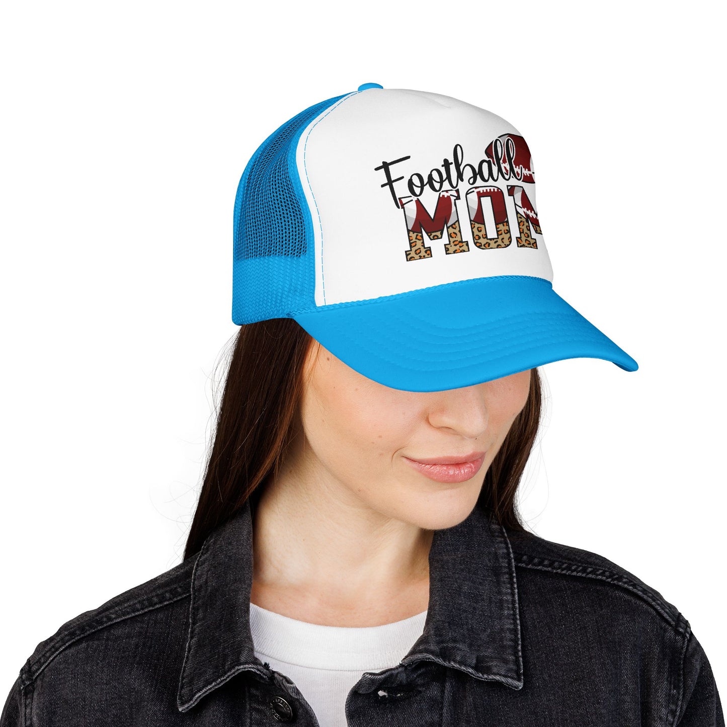 Football Mom Trucker Hat — Leopard Print Graphic Foam Cap for Game Day