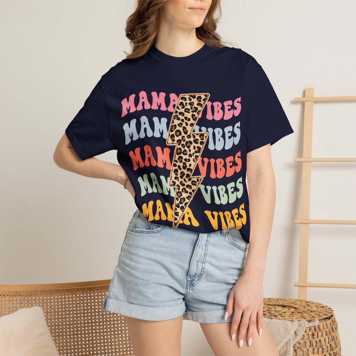 Mama Vibes Lightning Bolt T-Shirt — Leopard Print Retro Mom Tee