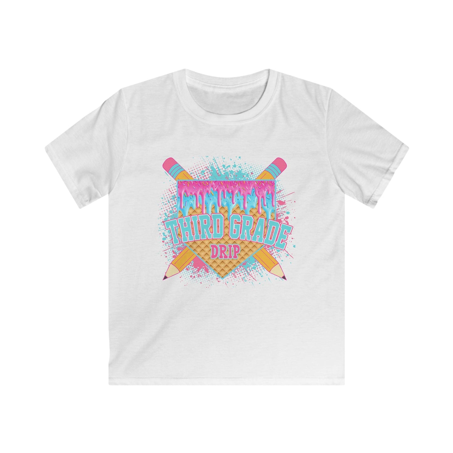 3rd Grade Vibes Kids T-Shirt — Colorful Back-to-School Design (Pencils & Drip)