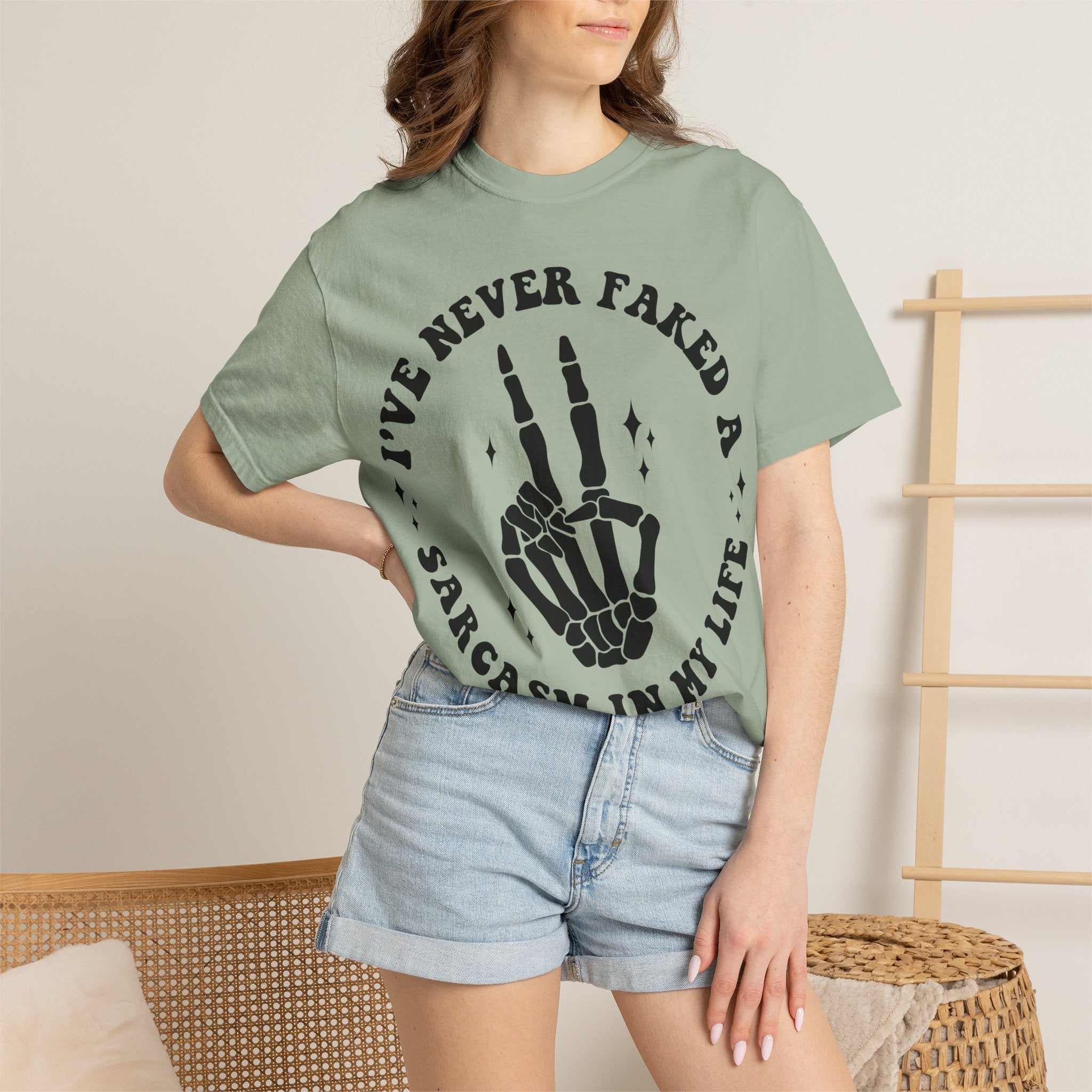 Sarcastic Skeleton Peace Sign T-Shirt — "I've Never Faked A Sarcasm In My Life" Graphic Tee