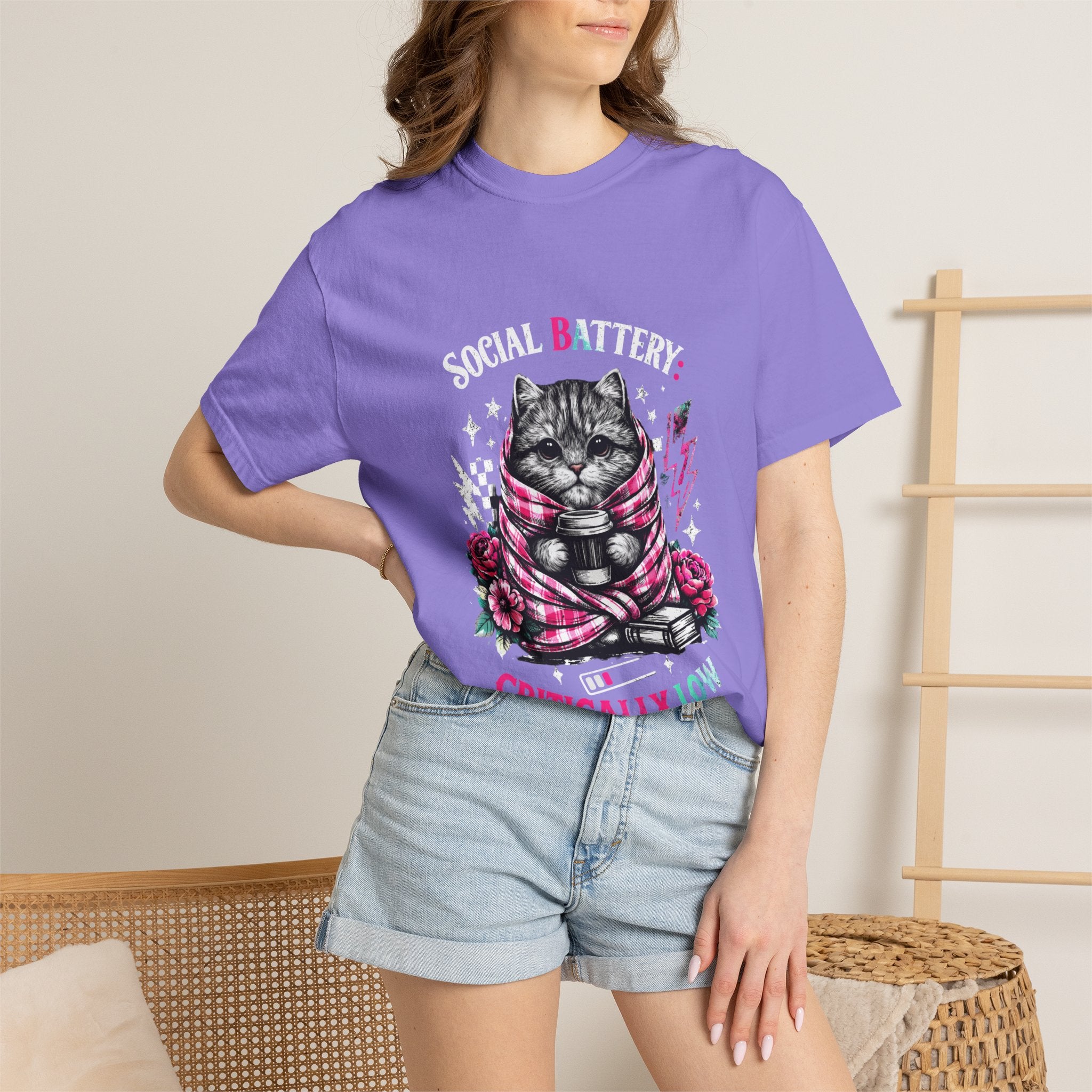 Social Battery Critically Low T-Shirt — Introvert Cat Graphic Tee