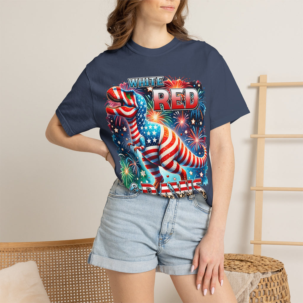 T-Shirt — "White, Red & Raws" Patriotic USA Dinosaur Fireworks Tee