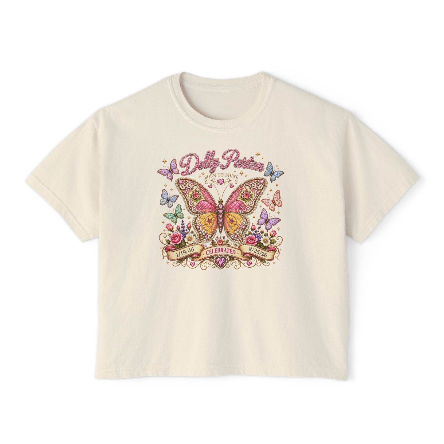 Butterfly Garden Women's Boxy Tee — 'Dolly Parton' Floral Tribute Shirt